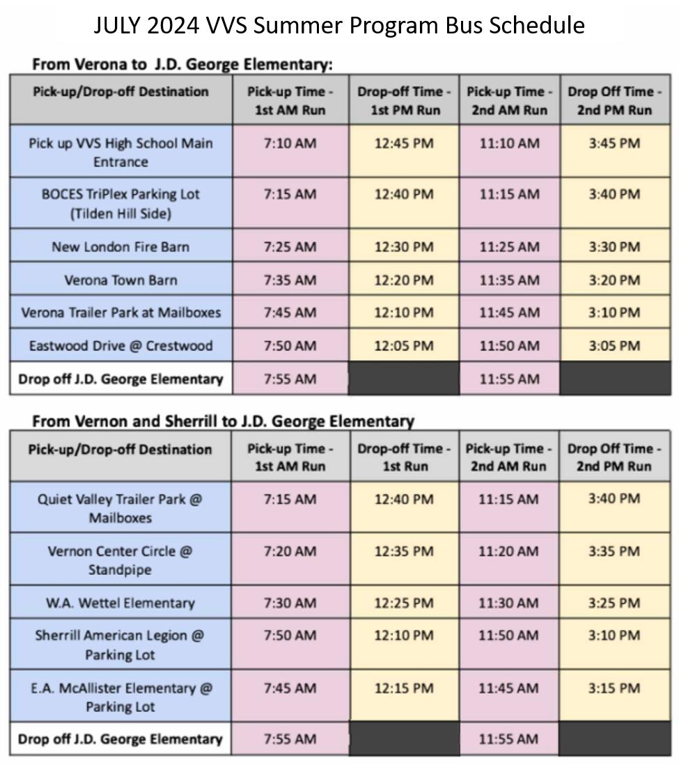 2024 Summer Programs Bus Schedule